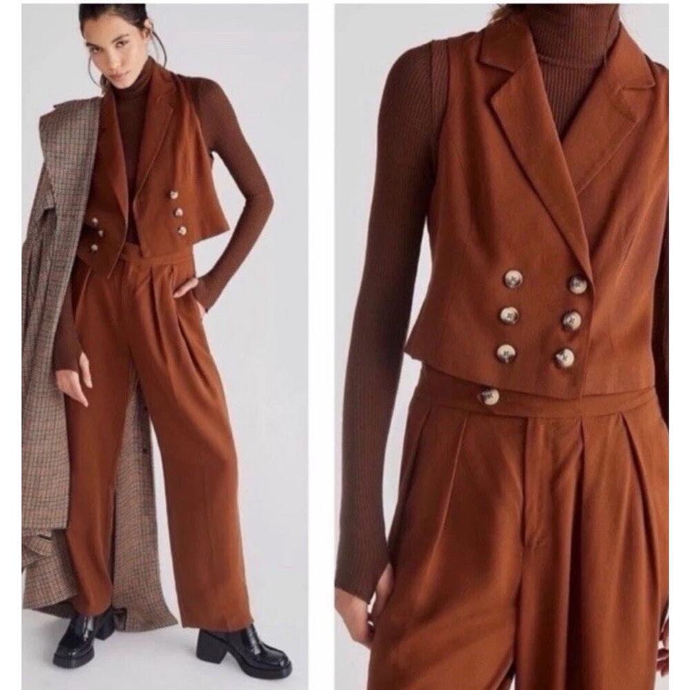 Free People Gabbie Vest Suit Set 2 Pieces Brown Sz 8 NWT $308